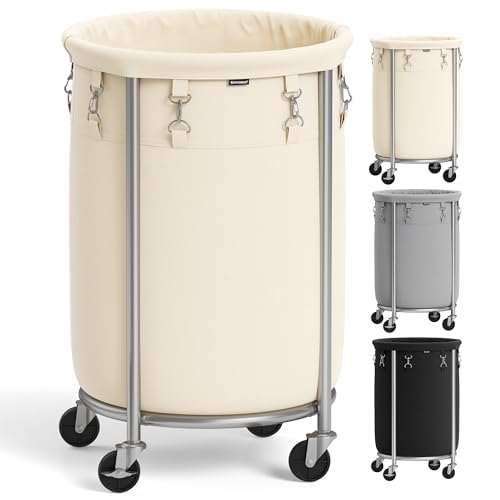 SONGMICS Laundry Basket, Rolling Steel Frame with 2 Locking Wheels, 70 L | Heavy-Duty Laundry Hamper Cart with Removable Bag, Cream White and Metallic Silver, URLS006W01 - color: Cream White + Metallic Silver, size: 70 L (1-Section)