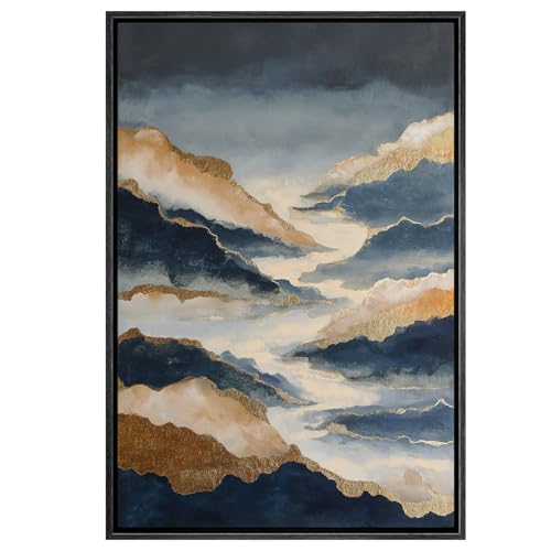 SIGNWIN Framed Canvas Print Wall Art Blue and Gold Abstract Mountain Modern Navy and Gold Foil Landscape Illustrations Modern Art Multicolor for Living Room, Bedroom, Office - 16"x24" BLACK - color: B07-2605-M30, size: 24"L x 16"W