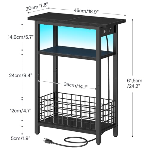 HOOBRO Narrow Side Table with Charging Station and LED Light, Small End Table with Storage, Skinny Nightstand with USB Port, Slim Bedside Table for Small Spaces, Living Room, Black BB242UDBZ01 - color: Black