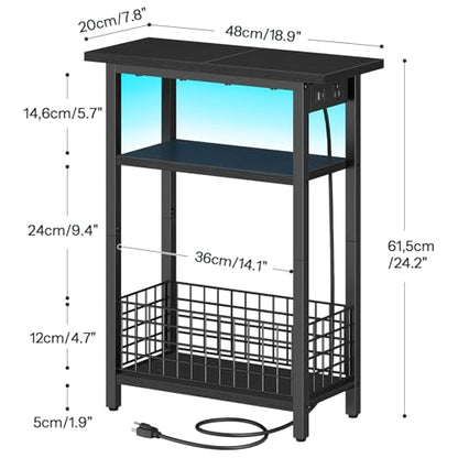 HOOBRO Narrow Side Table with Charging Station and LED Light, Small End Table with Storage, Skinny Nightstand with USB Port, Slim Bedside Table for Small Spaces, Living Room, Black BB242UDBZ01 - color: Black