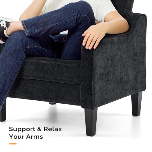 VINGLI Chair Black Upholstered Chenille Accent Chair for Living Room, Bedroom, Mid-Century Modern Arm Chair Comfy Reading Chair with Scooped Arms - color: Black
