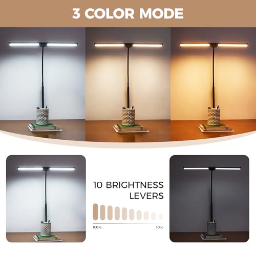LED Desk Lamp for Home Office, Double Head Desk Light with Clamp | 3 Modes 10 Brightness, Long Flexible Goose-Neck, Eye-Caring, Memory Function, Energy Efficient, USB Adapter, Metal, Black - color: Black Pro