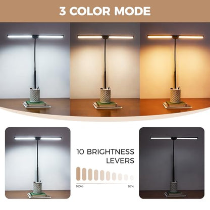 LED Desk Lamp for Home Office, Double Head Desk Light with Clamp | 3 Modes 10 Brightness, Long Flexible Goose-Neck, Eye-Caring, Memory Function, Energy Efficient, USB Adapter, Metal, Black - color: Black Pro