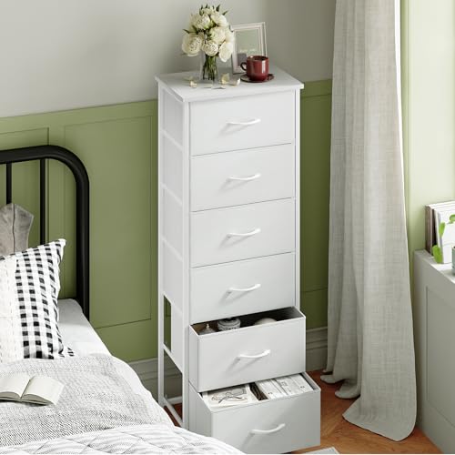 Somdot Tall Dresser for Bedroom, 6 Drawer Storage Cabinet, White | Storage Tower with Steel Frame and Wood Top Chest of Drawers, Vertical Nightstand for Closet, Bedroom Organization Furniture - color: White, size: 11.8"D x 16.5"W x 45.3"H (6 Drawers)