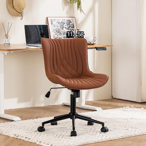 YOUTASTE Coffee Brown Office Chair Modern Armless Desk Chair with Wheels Adjustable Swivel Rocking Rolling Computer Study Chairs Faux Leather Sewing Chairs with Back Stylish Vanity Chair - color: Coffee Brown