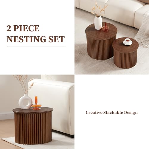 Round Nesting Coffee Table Set of 2, Small Fluted Coffee Table Circle Side Table, Mid Century Modern Wood Nesting Tables Farmhouse End Table Set for Living Room, Bedroom, Small Spaces(Walnut) - color: Walnut, size: Small-Fluted