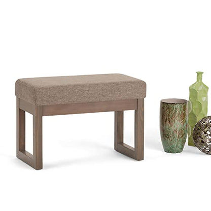 SIMPLIHOME Milltown 27" Wide Linen Look Rectangle Ottoman in Fawn Brown | Contemporary upholstered ottoman with a cushioned seat for extra seating in the bedroom; footstool, footrest or bench. - color: Fawn Brown, style: Small Ottoman Bench