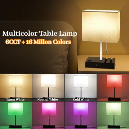 Smart RGB Dimmable Table Lamp Compatible with Alexa&APP&Remote Control, Bedside Desk Lamp with Charging Ports&Outlet&Phone Stand, Music Sync Nightstand Lamp for Bedroom Living Room Office Dorm, Beige | Bedside Desk Lamp with Charging Ports&Outlet&Phone St