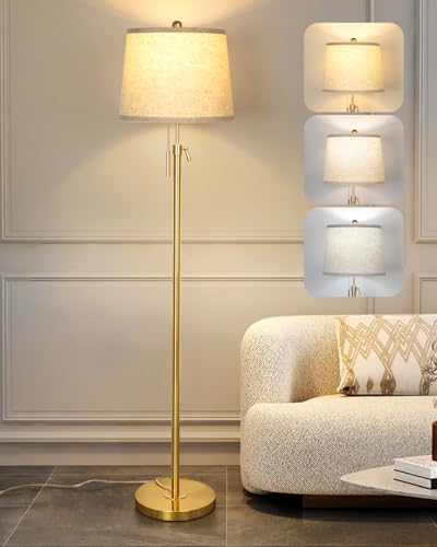 Gold Floor Lamp for Living Room 55-65" Adjustable Modern Brass Standing Lamp with Pull Chain Tall Pole Light with Beige Shade for Bedroom Reading Office Corner Nursery 9W LED Bulb Included 3 ColorTemp - color: Gold+Beige Shade
