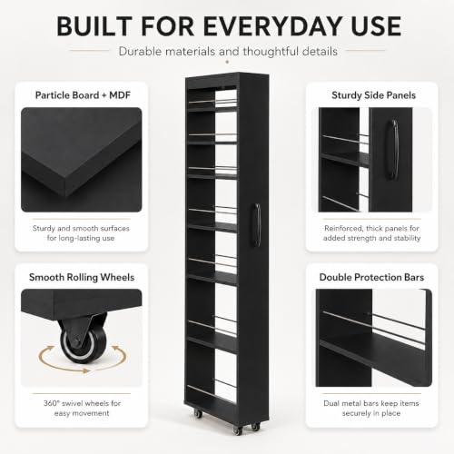 7-Shelf Tall Narrow Storage Cabinet with Wheels, 71 Inch, Black | Slim Pull-Out Organizer, 7.87 Inch Wide for Small Spaces Between Washer/Dryer, Kitchen, Bathroom and Laundry Room - color: E-black