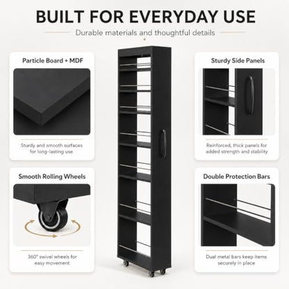 7-Shelf Tall Narrow Storage Cabinet with Wheels, 71 Inch, Black | Slim Pull-Out Organizer, 7.87 Inch Wide for Small Spaces Between Washer/Dryer, Kitchen, Bathroom and Laundry Room - color: E-black