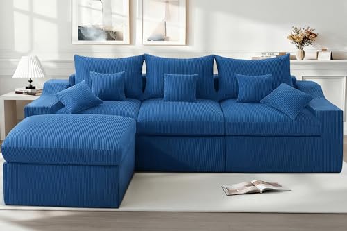 104" L Shaped Cloud Sectional Couch, Boneless Modular Sectional Sofa with Deep Seat, Corduroy Couches for Living Room, Modular Couch, No Assembly Required (Blue) - color: Corduroy Blue, size: 104" Couch with Ottoman