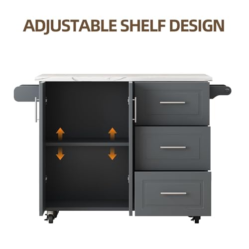 4 EVER WINNER 43" Kitchen Island with Drop Leaf, Rolling Kitchen Island | Modern Design, 4 Wheels, 3 Storage Drawers, Adjustable Shelf, Spice Rack & Towel Rack, Faux Marble Tabletop, Grey - style: Gray