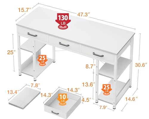 ODK Office Small Computer Desk: Home Table with Fabric Drawers & Storage Shelves, Modern Writing Desk, White, 48"x16"