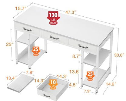 ODK Office Small Computer Desk: Home Table with Fabric Drawers & Storage Shelves, Modern Writing Desk, White, 48"x16"
