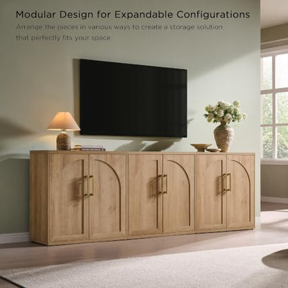 Arched Door Sideboard Buffet Cabinet Set of 3, Natural Oak | Modular, Multi-Compartment Storage, Adjustable Shelf, Soft Close Hinges, Freestanding, for Dining Room, Living Room - color: Natural Oak