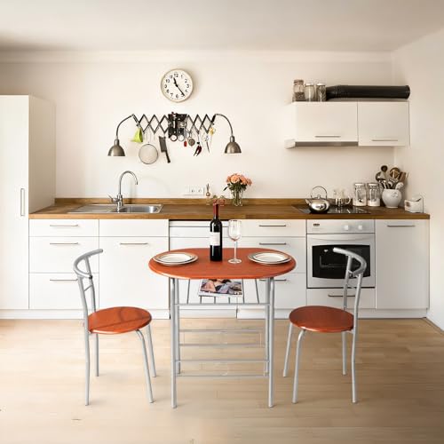 VINGLI 3 Piece Dining Set, Small Kitchen Table Set for 2, Breakfast Table Set, Kitchen Wooden Table with 2 Chairs for Small Space/Dining Room/Apartment, Metal Frame, Wine Rack, Russet - color: Russet