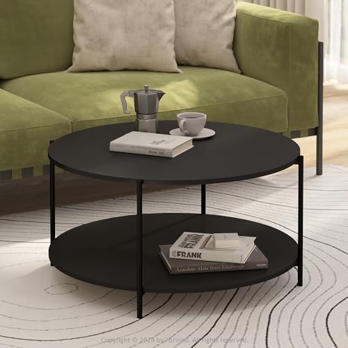 Furinno BESI 2-Tier Round Modern Coffee Table with Metal Legs, Side Table with Open Shelf, for Living Room, Bedroom, Home Office, Americano - color: Americano/Black, size: Metal Frame Coffee Table