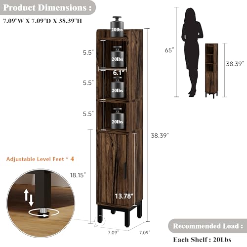 Slim Bathroom Storage Cabinet Narrow Corner Cabinet for Toilet Paper | FerniTry Small Freestanding Cabinet Bathroom Organizer with Adjustable Shelf for Small Spaces Walnut 5 Tiers - color: Walnut, size: 5-Tier
