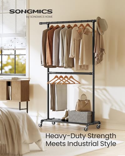 SONGMICS Heavy-Duty Clothes Rack, Double-Rod Clothing Rack for Hanging Clothes, Industrial Garment Rack on Wheels, Adjustable Metal Frame, 2 Casters with Brakes, Commercial Display, Black UHSR62BK | Industrial Garment Rack for Hanging Clothes, 2 Casters w