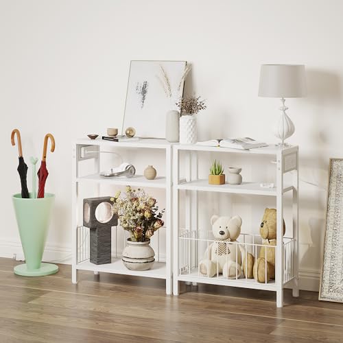 TRIFEBLE Narrow Side Table with Charging Station, Small End Table for Small Spaces, Slim Nightstand with Storage Basket, 3 Tier Skinny Bedside Table for Living Room, Bedroom, White - color: White