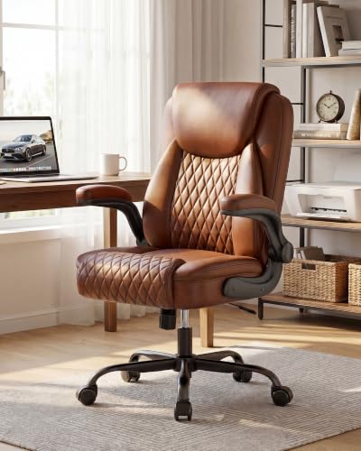 COMHOMA Mid-Back Office Chair, Ergonomic PU Desk Chair with Flip up Arms, Small Computer Gaming with Comfy Lumbar Support,Rocking Function,Sturdy Metal Base, Brown - color: Brown