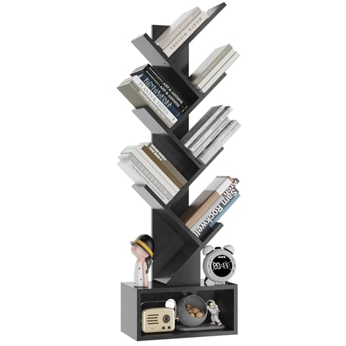 YMYNY 6 Tier Tree Bookshelf, Tall Bookcase, Wood Book Storage Rack with Drawer, Modern Floor Standing Book Shelf for Books/Movies/CDs, Utility Organizer for Living Room, Home Office, Black UHBC016B - color: Black, size: 44.09" | 6-Tier with Drawer
