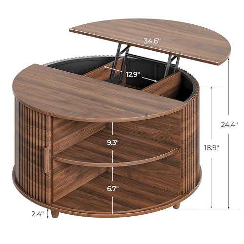 Round Lift Top Coffee Table, 34.6" Modern Coffee Table with 180° Curved Sliding Door, Fluted Accent Coffee Tables with Hidden Storage and Open Shelves, for Living Room, Office, Walnut - color: Walnut