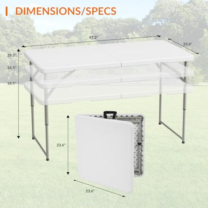 Elevon 4 Feet Heavy Duty Folding Table with Adjustable Height, Fold-in-Half Portable Table for Indoor Outdoor Use - Camping, Picnic, Party, Wedding, Dining, Utility Table - size: 4 feet