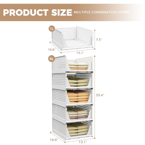 5 Pack Stackable Plastic Storage Closet Organizers and Storage Bins Drawer Shelf Storage Container for Wardrobe Cupboard Kitchen Bathroom Office White | Drawer Shelf Storage Container for Wardrobe Cupboard Kitchen Bathroom Office White Foldable Multifunct