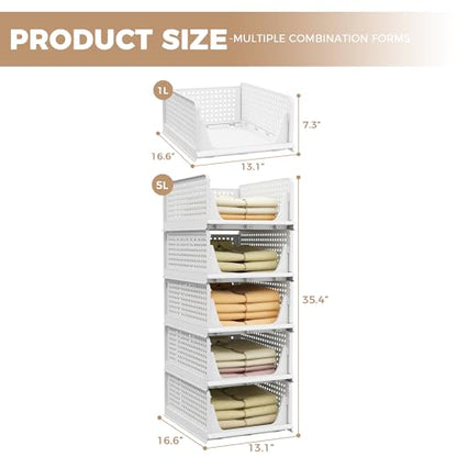 5 Pack Stackable Plastic Storage Closet Organizers and Storage Bins Drawer Shelf Storage Container for Wardrobe Cupboard Kitchen Bathroom Office White | Drawer Shelf Storage Container for Wardrobe Cupboard Kitchen Bathroom Office White Foldable Multifunct