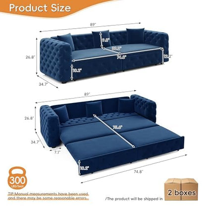 89" 4-Seater Queen Size Pull Out Sofa Bed with 3 Pillows, Blue | 4-Seater Classic Velvet Sofa with Tufted Design,3 Pillows,89" Extra Large 3-in-1 Pull Out Sofa - color: Q-blue-w01