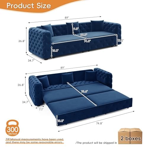89" 4-Seater Queen Size Pull Out Sofa Bed with 3 Pillows, Blue | 4-Seater Classic Velvet Sofa with Tufted Design,3 Pillows,89" Extra Large 3-in-1 Pull Out Sofa - color: Q-blue-w01