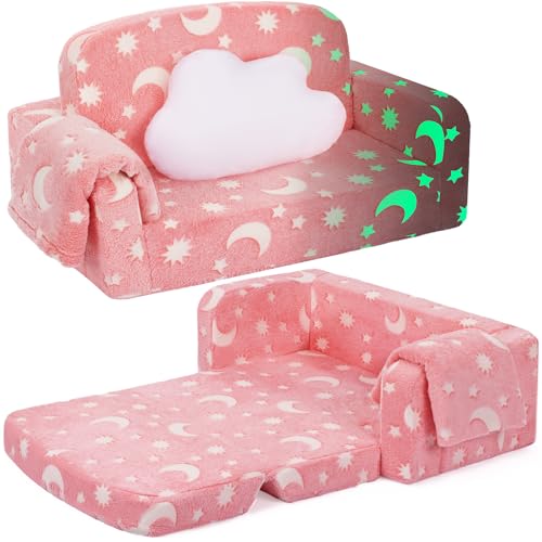 Foryoomi Extra Wide Kids Couch, Kids Sofa, Toddler Sofa, Glow in The Dark, 2-in-1 Soft Toddler Couch with Blanket and Pillow, Moon Style, Pink - color: Pink Moon