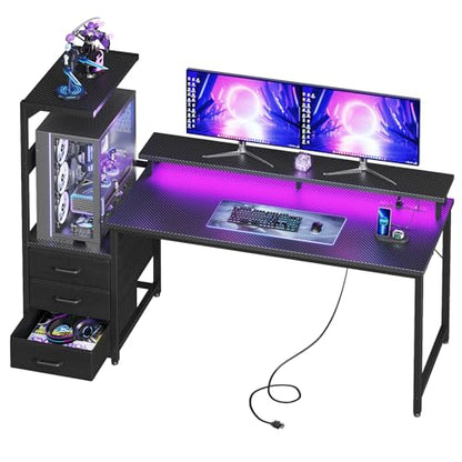 AODK Gaming Desk w/PC Showcase Stand, 59" Reversible, RGB LED, Black | Elevated stand fits Lian Li O11, Hyte Y60. Triple drawers hide cables, controllers, clutter - color: Black, size: 59 Inches