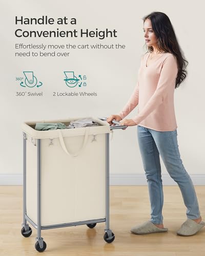 SONGMICS Laundry Basket with Wheels, 2-Section Rolling Laundry Hamper, 37 Gallons (140 L), Removable Liner, Steel Frame with Handle, 27.2 x 15.4 x 31.9 Inches, Cream White URLS004W01 - color: Cream White, size: 140 L (2-Section)