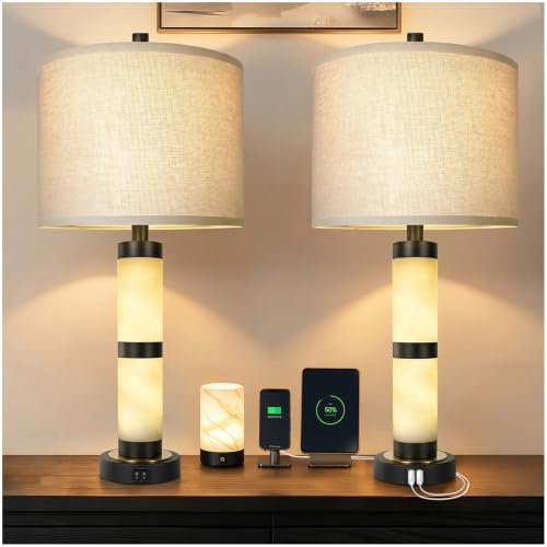 KIVDITZO Alabaster Table Lamps Set of 2 with Night Light with USB A&C Ports | Nightstand Lamp, USB Ports, Alabaster Night Light, Modern Bedside Table Lamp, Bulbs Included, for Bedroom Living Room Office - color: Pure White