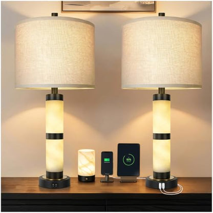KIVDITZO Alabaster Table Lamps Set of 2 with Night Light with USB A&C Ports | Nightstand Lamp, USB Ports, Alabaster Night Light, Modern Bedside Table Lamp, Bulbs Included, for Bedroom Living Room Office - color: Pure White