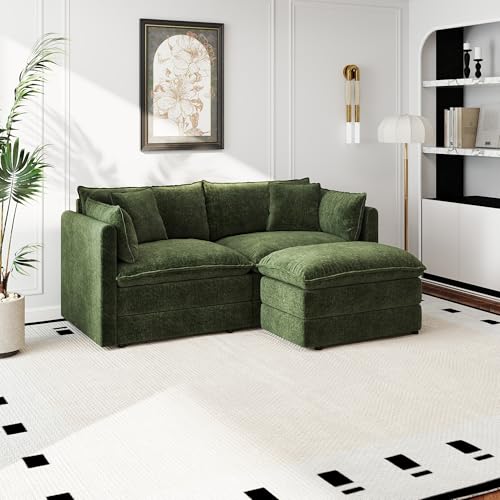 Aoowow Modular Sectional Sofa Modern Convertible Loveseat Couch,77.16 Inch Deep 2-Seater Sofas Comfy Chenille Cloud Sofas and Couches Set with Movable Ottoman for Living Room Apartment（Green） - color: Green-new, size: 2 Seat + Ottoman