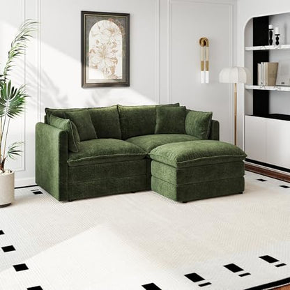 Aoowow Modular Sectional Sofa Modern Convertible Loveseat Couch,77.16 Inch Deep 2-Seater Sofas Comfy Chenille Cloud Sofas and Couches Set with Movable Ottoman for Living Room Apartment（Green） - color: Green-new, size: 2 Seat + Ottoman