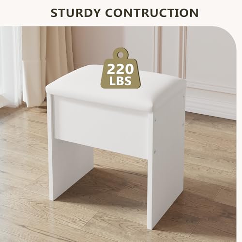 LIVELYGLOW Small Makeup Vanity Stool,15.7" W x 10.2" D x 16.7" H，White（Easy Assembly,PU Cushion Mat, Footstool） - color: Pure White