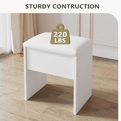 LIVELYGLOW Small Makeup Vanity Stool,15.7" W x 10.2" D x 16.7" H，White（Easy Assembly,PU Cushion Mat, Footstool） - color: Pure White
