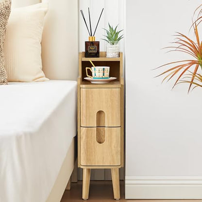 Small Nightstand Set of 2, Wood 2 Drawer Narrow Nightstand, Slim Side Table, Modern Skinny End Bedside Table, Natural Wood Night Stand with Drawers for Bedroom (Natural-2 pcs) - color: Natural-2 Pcs