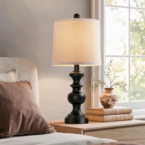 Farmhouse Table Lamp Set of 2, Rustic Table Lamps for Living Room Bedroom, 22" Mid Century Modern Desk Lamp Bedside Nightstand Lamps with Linen Tapered Drum Shades, Matte Black - color: Matte Black