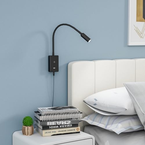 ENUOTEK LED Wall Mounted Bedside Lamp with Flexible Gooseneck, Remote Control Black Wall Mount LED Reading Spot Light for Bedroom, Timer Auto Off, Stepless and Step Dimmable, Neutral White Lighting - color: Black