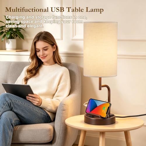 Dreamholder 2 Pack Table Lamp, Bedside Lamp with 3 USB Charging Ports & AC Outlet, USB Desk Lamp with 2 Phone Holders, Linen Fabric Shade Nightstand Lamps for Bedroom Living Room Office, Coffee Brown - color: Coffee Brown