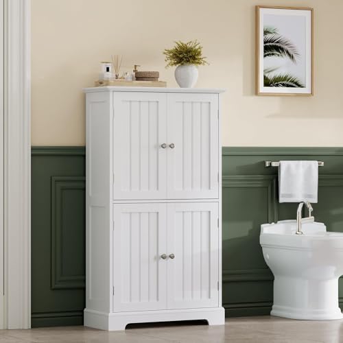 ChooChoo Bathroom Floor Cabinet with Adjustable Shelves | Bathroom Storage Cabinet, 4 Doors, Freestanding Cupboard for Living Room, White - color: White, size: 11.81"D x 23.62"W x 43.31"H