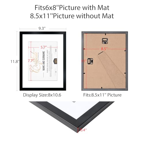 8.5x11 Picture Frame Set of 6, Certificate Document Frame, Diploma Frame, Display Pictures 6x8 with Mat or 8.5x11 Without Mat, Black - color: Black, size: 8.5x11