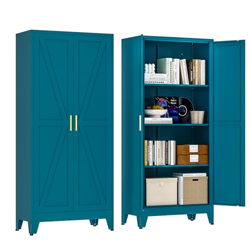Washsemba 61" Tall Farmhouse Metal Pantry Cabinet, Kitchen Pantry Storage Cabinets with 2 Barn Door and Adjustable Shelves,for Kitchen,Laundry Room,Home Office,Kids Room （Peacock Blue - color: Peacock Blue, size: 61" - Pantry Cabinet - 2 Door