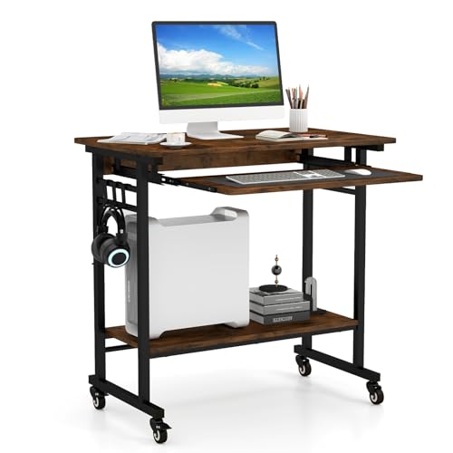 GOFLAME Mobile Computer Desk with Pull-Out Keyboard Tray, Compact Laptop Cart, Home Office Desk with Lockable Wheels, Writing Workstation, CPU Stand, Task Study PC Desk for Small Spaces, Study